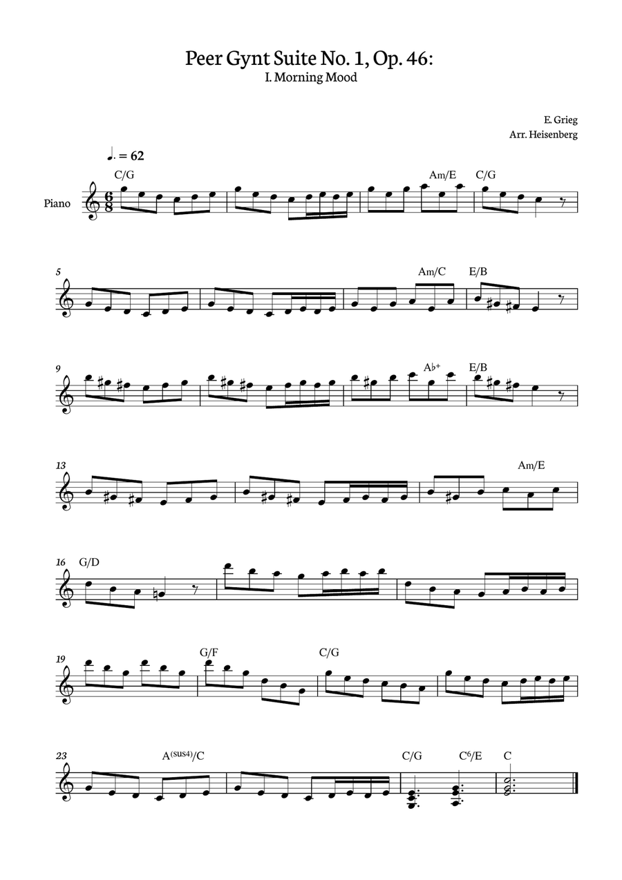 E. Grieg - Peer Gynt Suite No. 1, Op. 46: Morning Mood for Piano one hand with chords Easy Piano scores gallery preview page 1