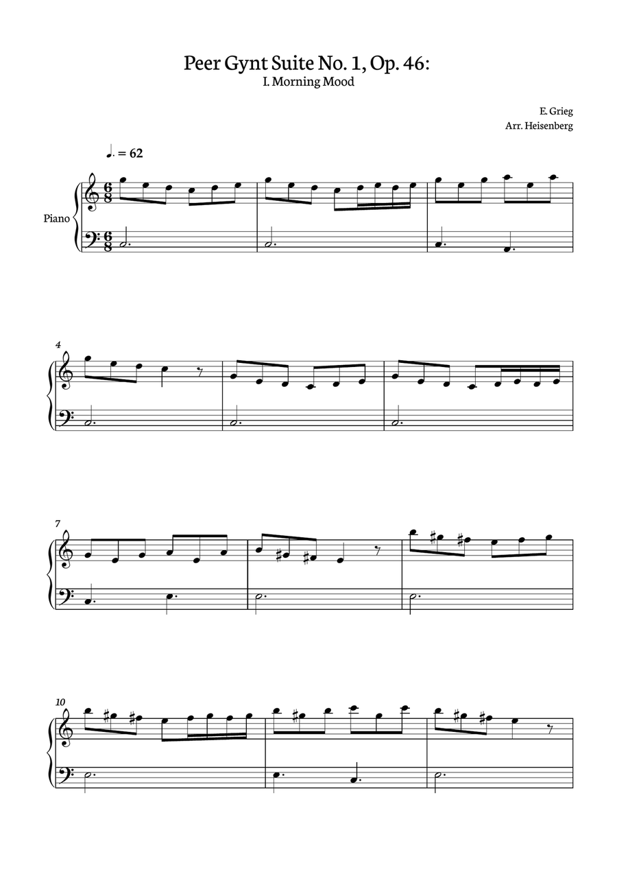 E. Grieg - Peer Gynt Suite No. 1, Op. 46: Morning Mood for Piano solo Piano Solo scores gallery preview page 1
