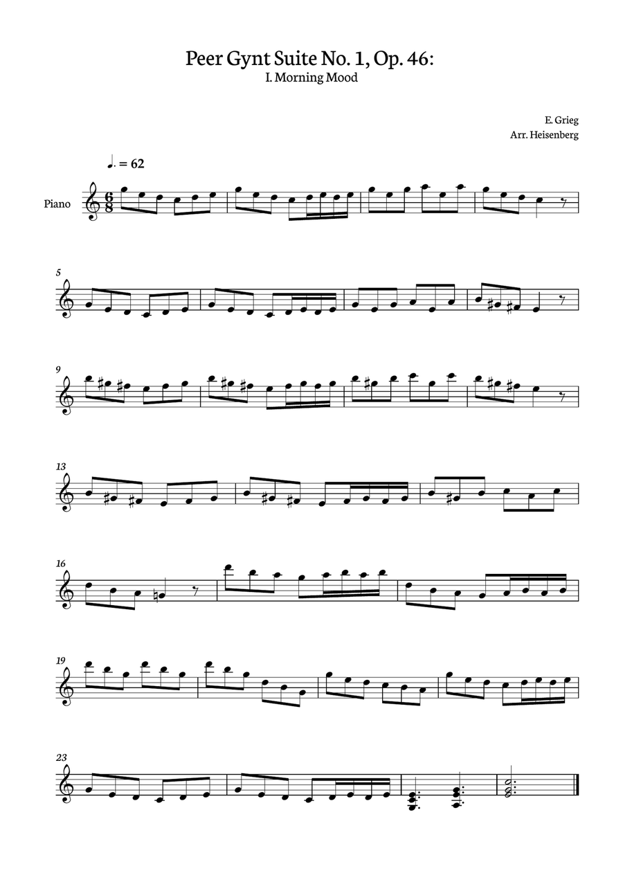 E. Grieg - Peer Gynt Suite No. 1, Op. 46: Morning Mood for Piano one hand Easy Piano scores gallery preview page 1