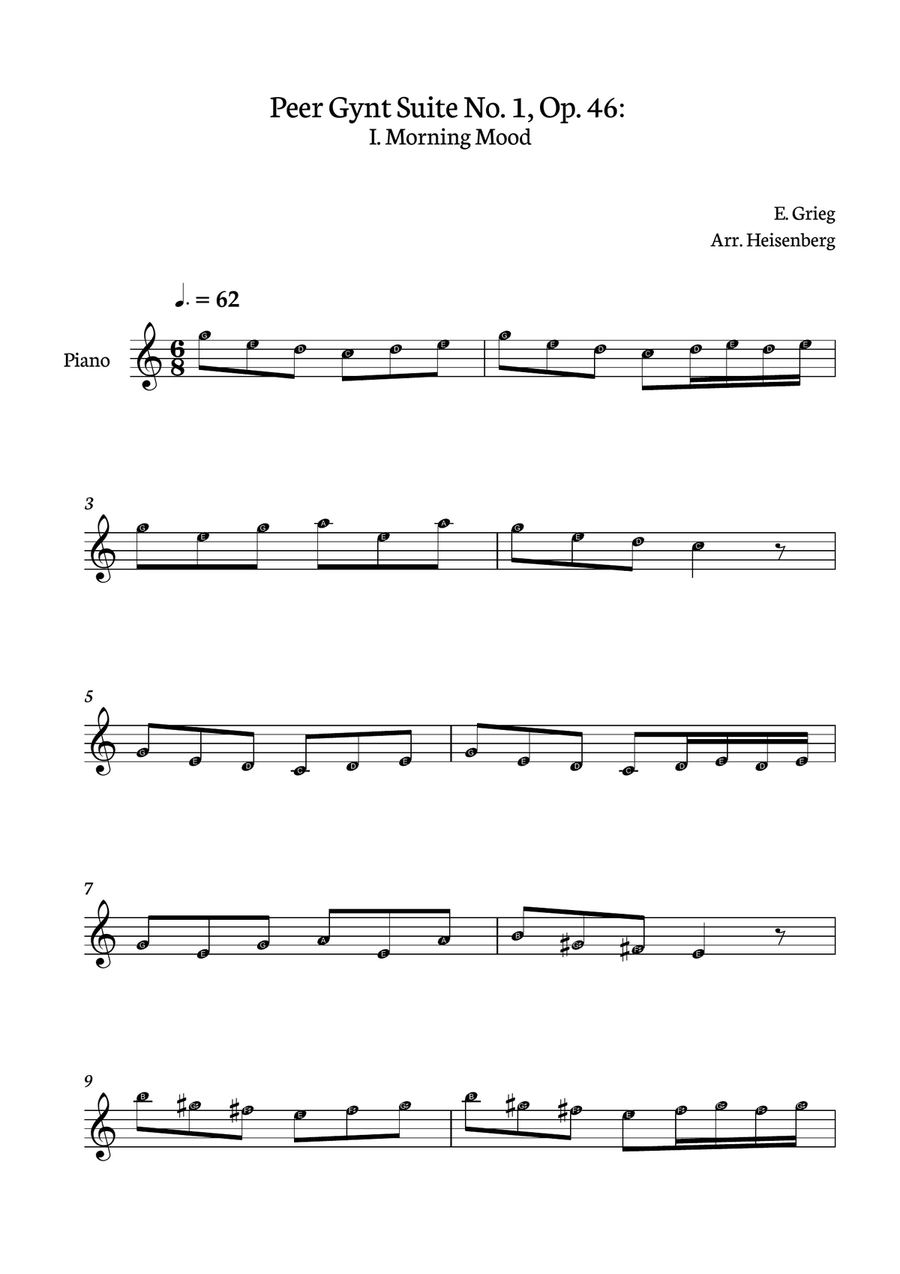 E. Grieg - Peer Gynt Suite No. 1, Op. 46: Morning Mood for Piano one hand with notes Easy Piano scores gallery preview page 1