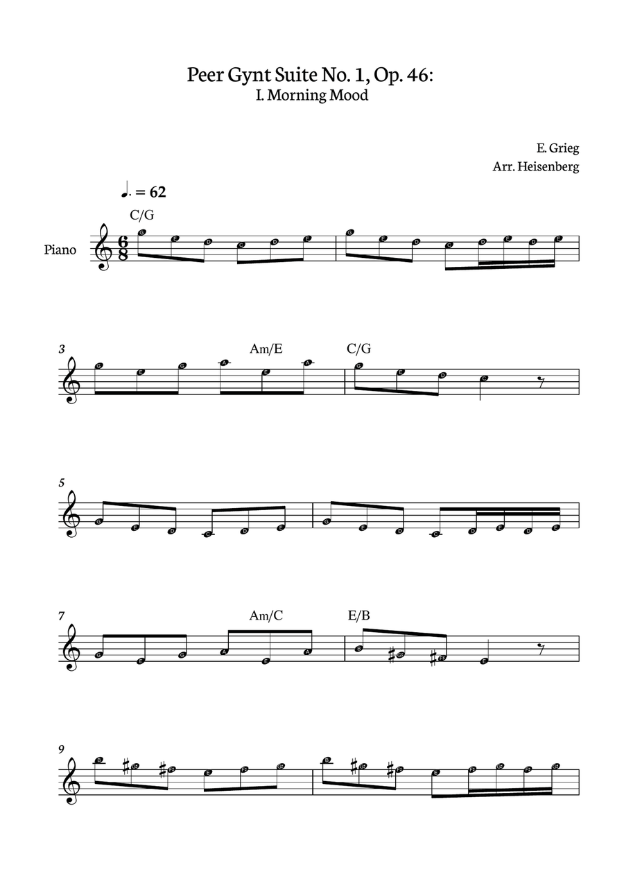 E. Grieg - Peer Gynt Suite No. 1, Op. 46: Morning Mood for Piano one hand with notes and chords Easy Piano scores gallery preview page 1