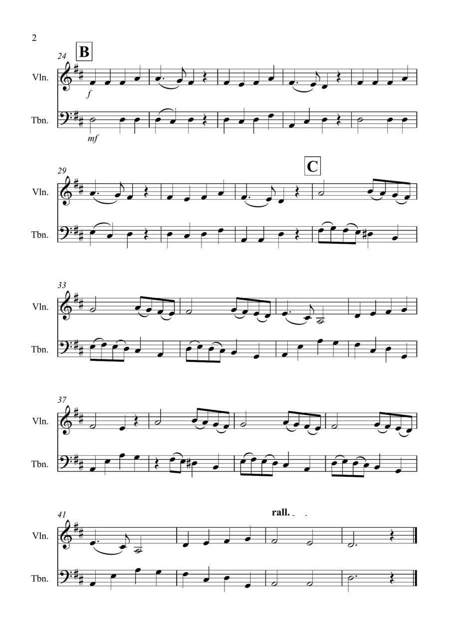 Angels We Have Heard on High for Violin and Trombone Duet Trombone scores gallery preview page 2