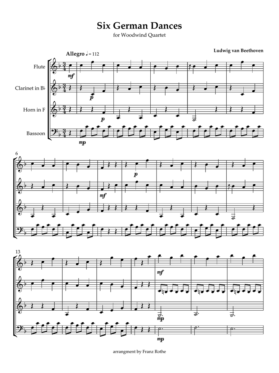 Six German Dances for Woodwind Quartet Woodwind Quartet scores gallery preview page 1