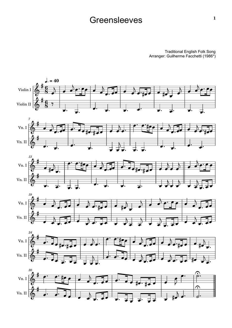 Greensleeves - Traditional English for Violin Duet. String Duet scores gallery preview page 1