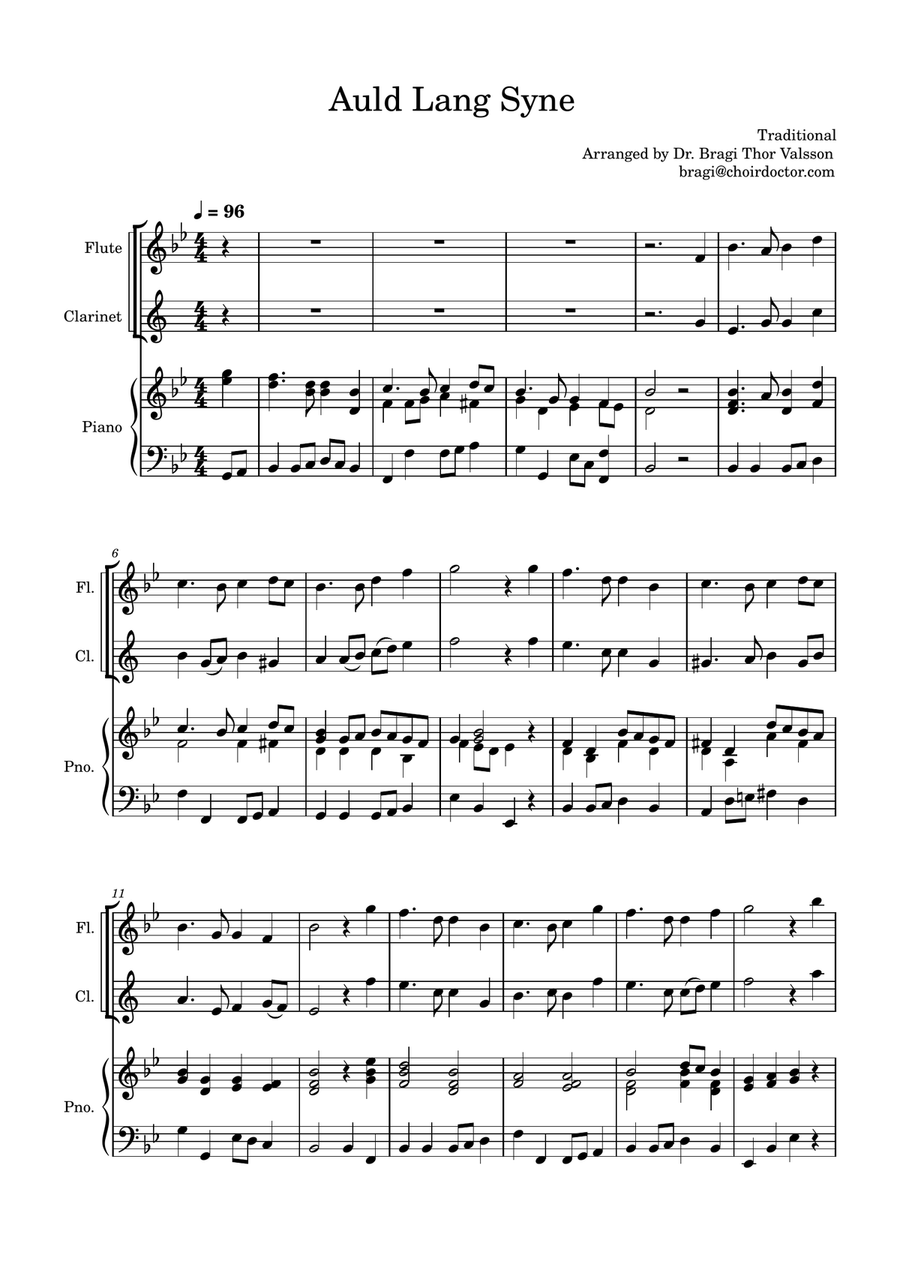 Auld Lang Syne for Flute and Clarinet with Piano accompaniment Woodwind Duet scores gallery preview page 2