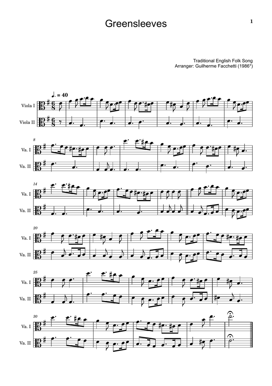Greensleeves - Traditional English for Viola Duet. String Duet scores gallery preview page 1