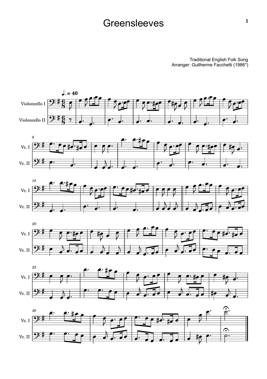 Greensleeves - Traditional English for Cello Duet. String Duet scores gallery preview page 1