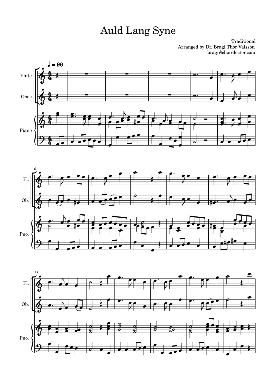 Auld Lang Syne for Flute and Oboe with Piano accompaniment Woodwind Duet scores gallery preview page 2