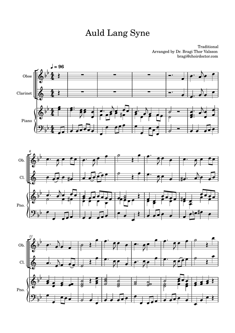 Auld Lang Syne for Clarinet and Oboe with Piano accompaniment Woodwind Duet scores gallery preview page 2