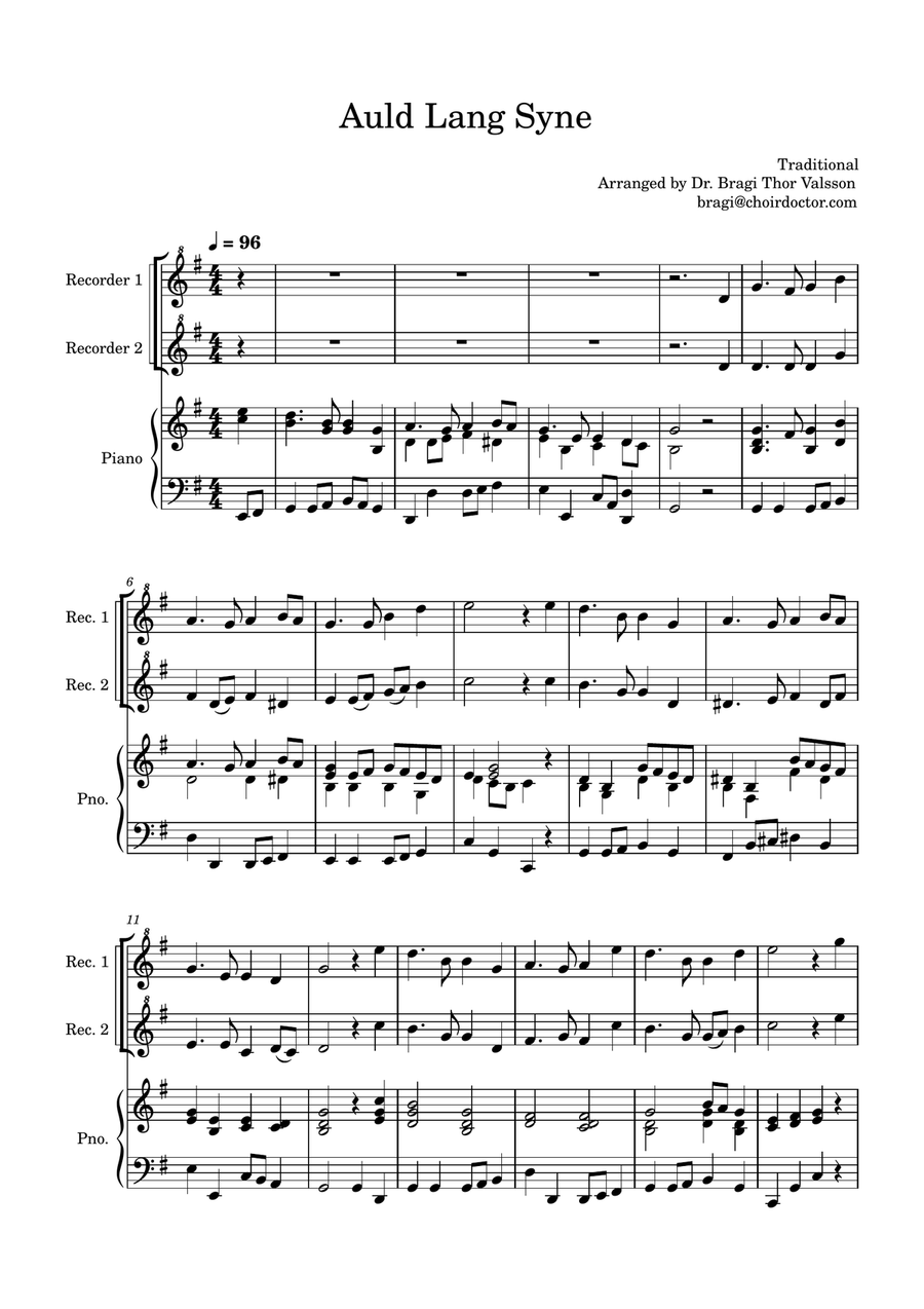 Auld Lang Syne for two Recorders with Piano accompaniment Woodwind Duet scores gallery preview page 2