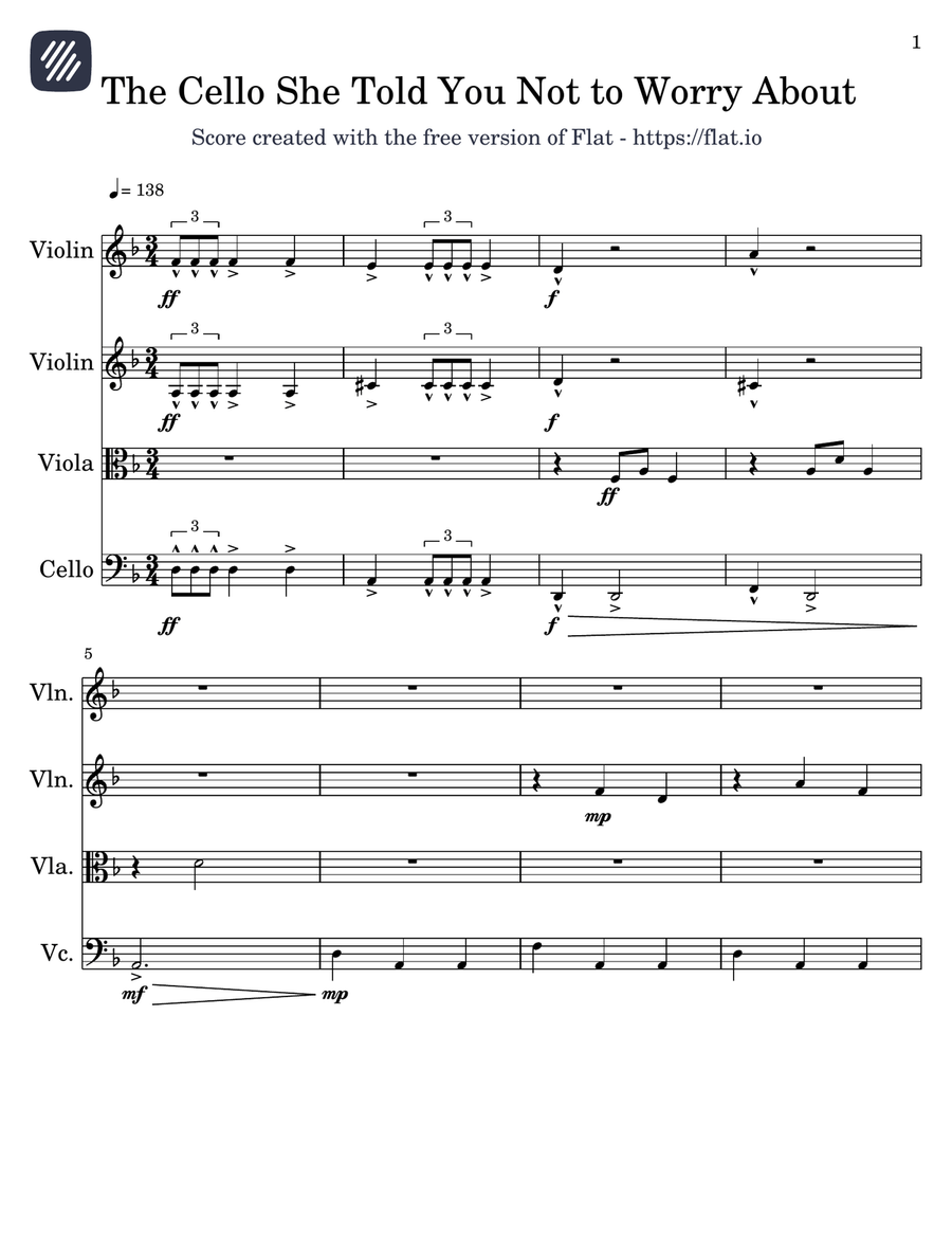 The Cello She Told You Not to Worry About - Score Only String Quartet scores gallery preview page 1