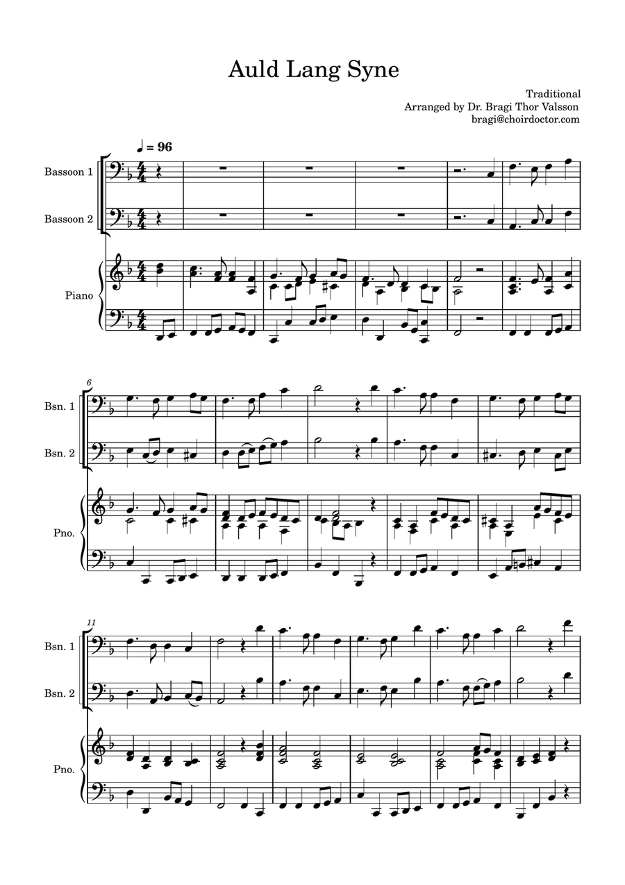 Auld Lang Syne for two Bassoons with Piano accompaniment Woodwind Duet scores gallery preview page 2