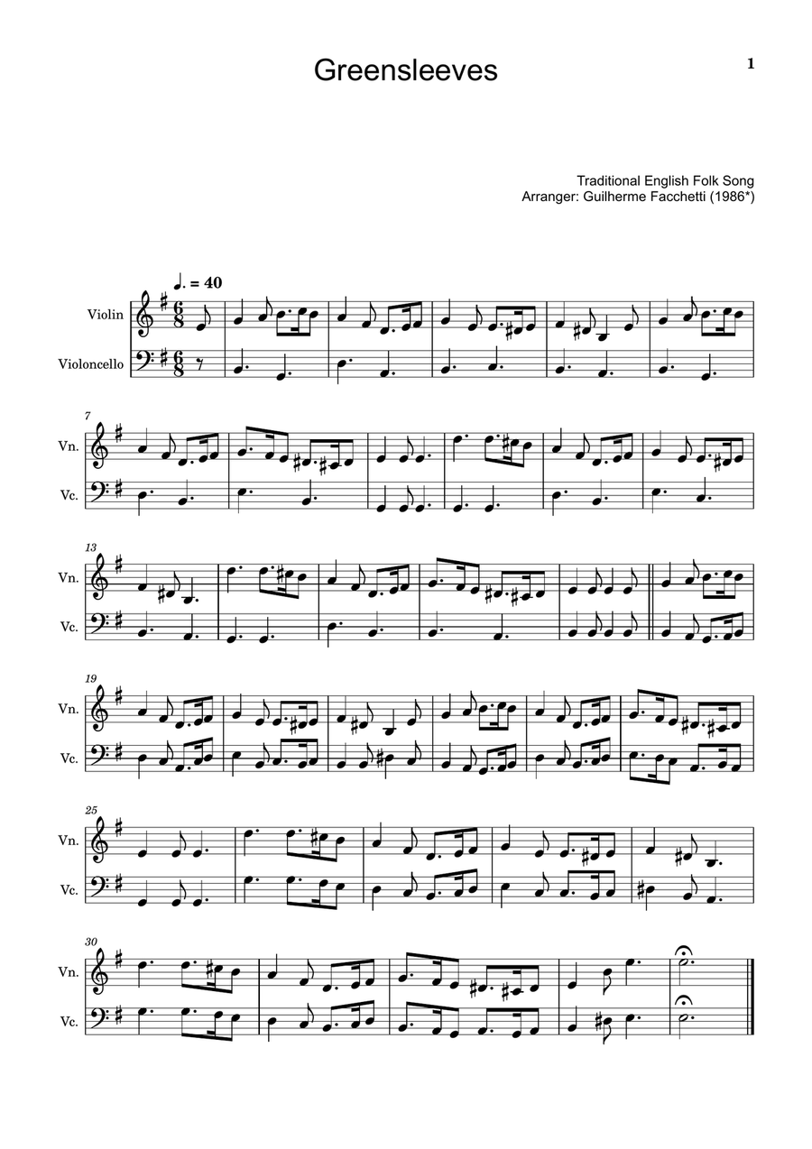 Greensleeves - Traditional English for Violin and Cello. String Duet scores gallery preview page 1