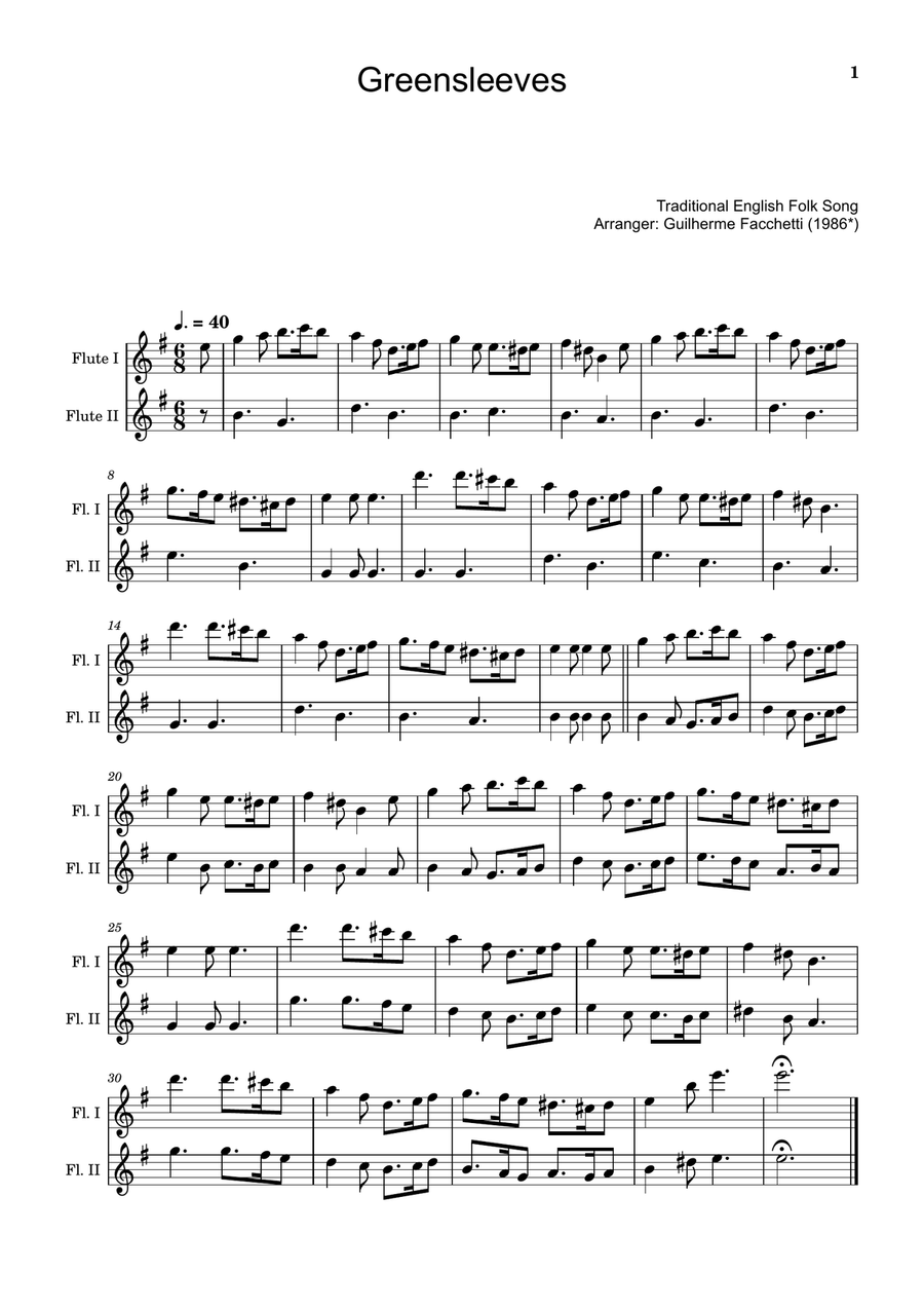 Greensleeves - Traditional English for Flute Duet. Flute Duet scores gallery preview page 1