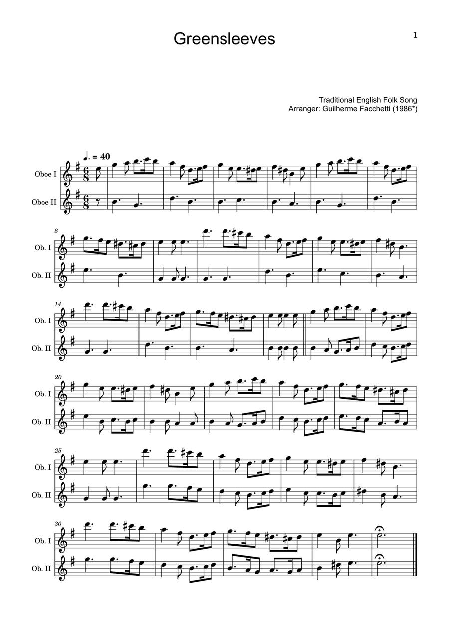 Greensleeves - Traditional English for Oboe Duet. Woodwind Duet scores gallery preview page 1
