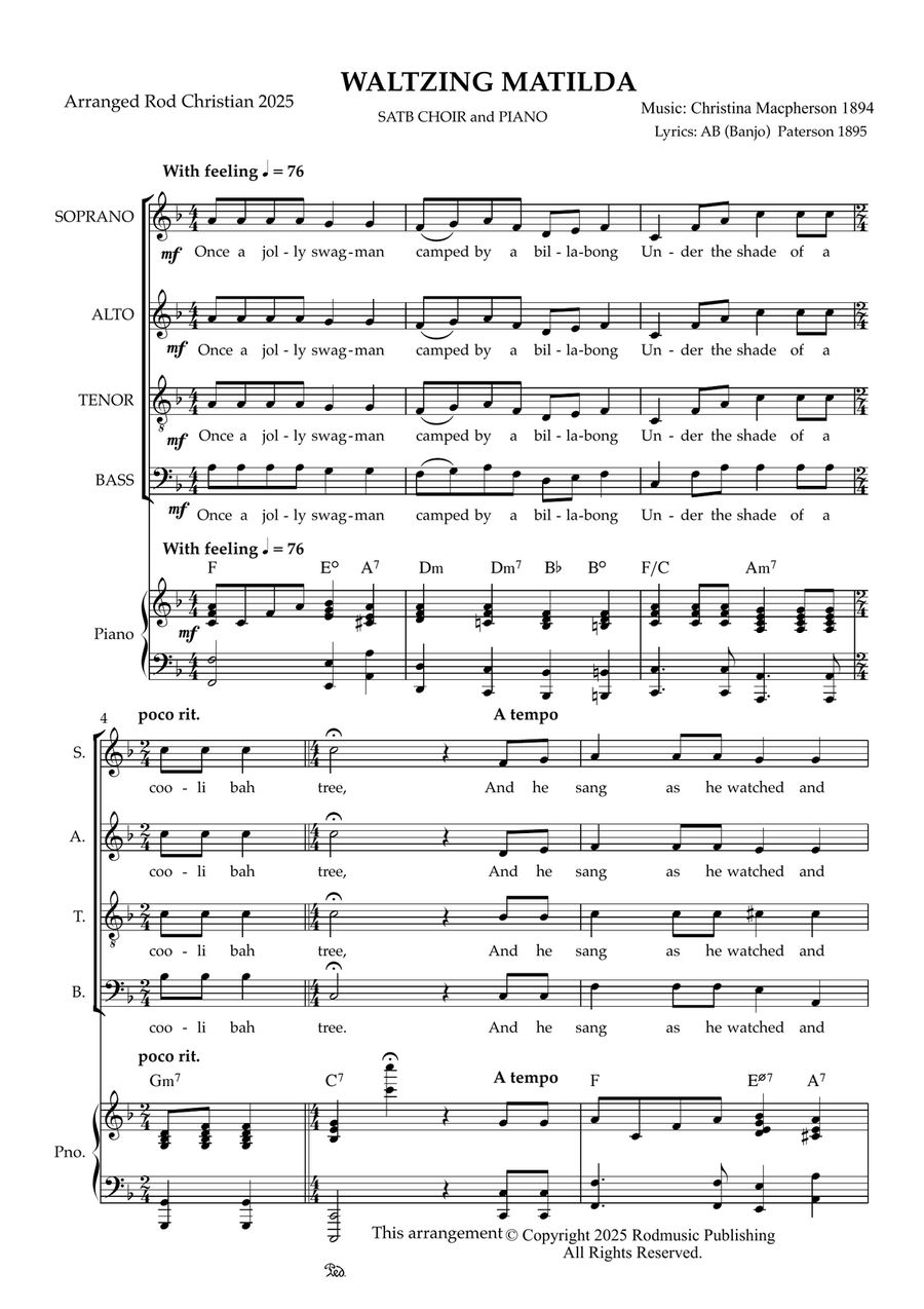 Waltzing Matilda Trad. Arr. 4-Part scores gallery preview page 2