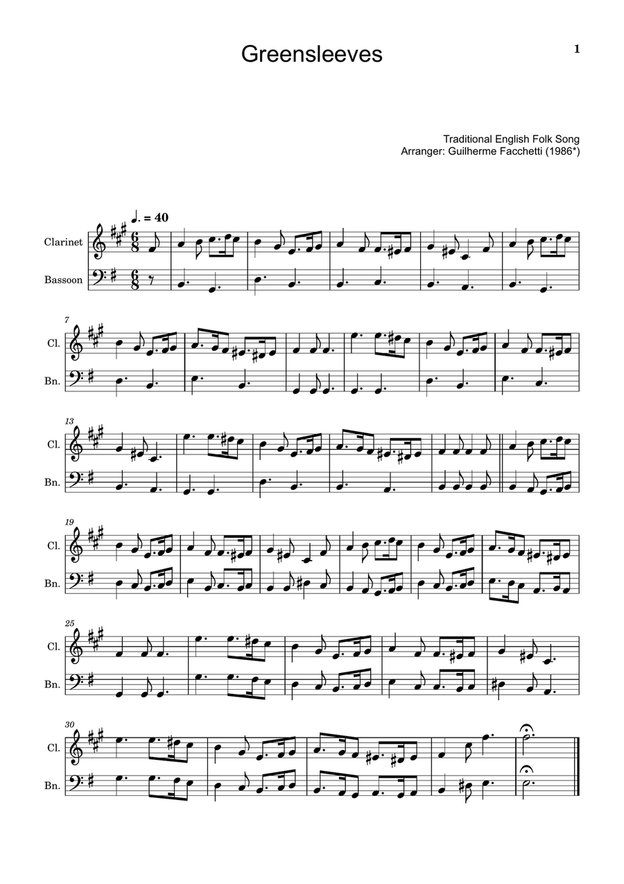 Greensleeves - Traditional English for Clarinet and Bassoon. Woodwind Duet scores gallery preview page 1