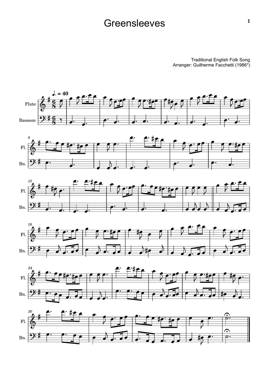 Greensleeves - Traditional English for Flute and Bassoon. Woodwind Duet scores gallery preview page 1
