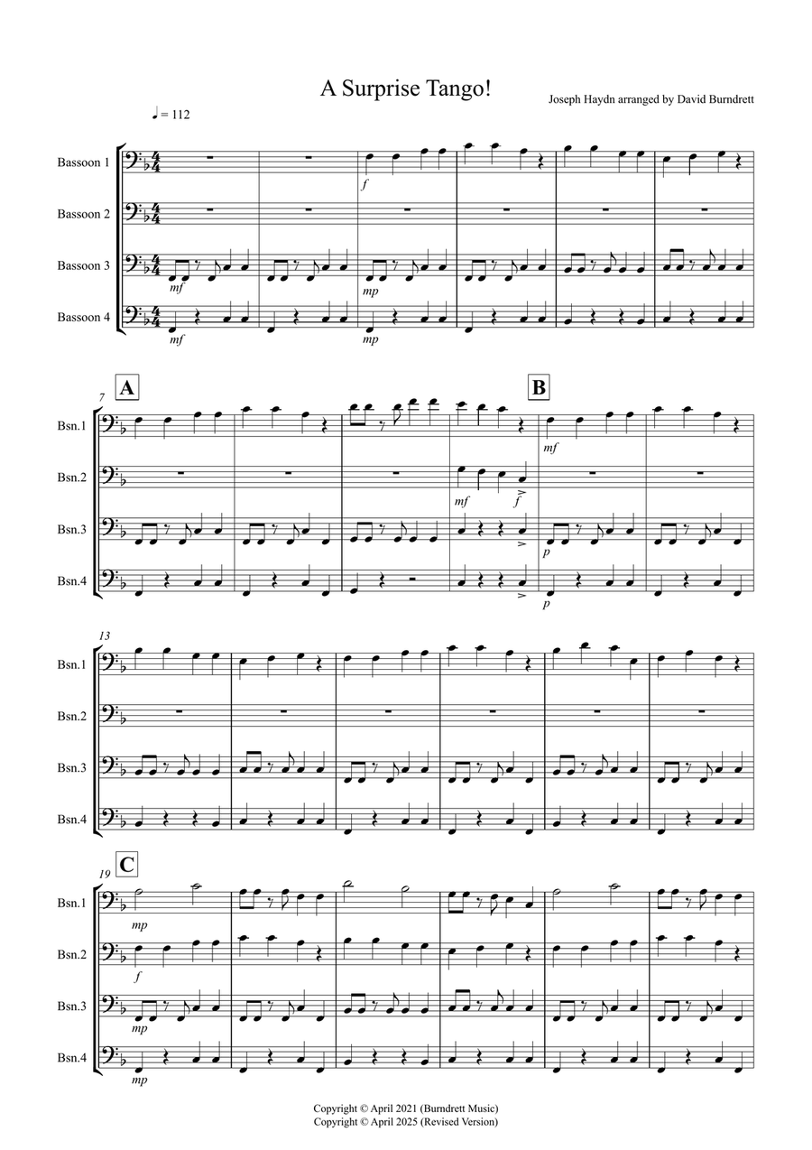 A Surprise Tango! for Bassoon Quartet Bassoon Quartet scores gallery preview page 1