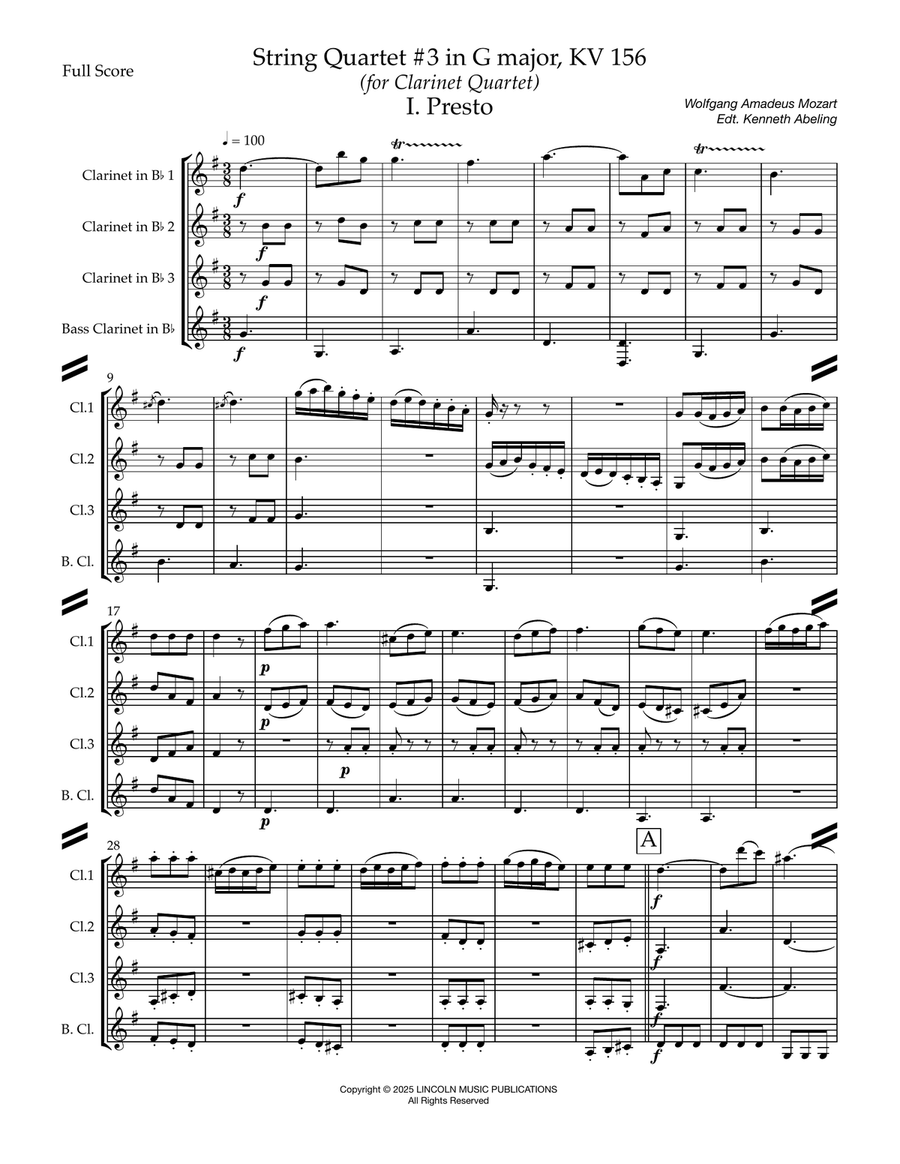 Mozart String Quartet No. 3 in G major, KV 156 (for Clarinet Quartet) Woodwind Ensemble scores gallery preview page 2
