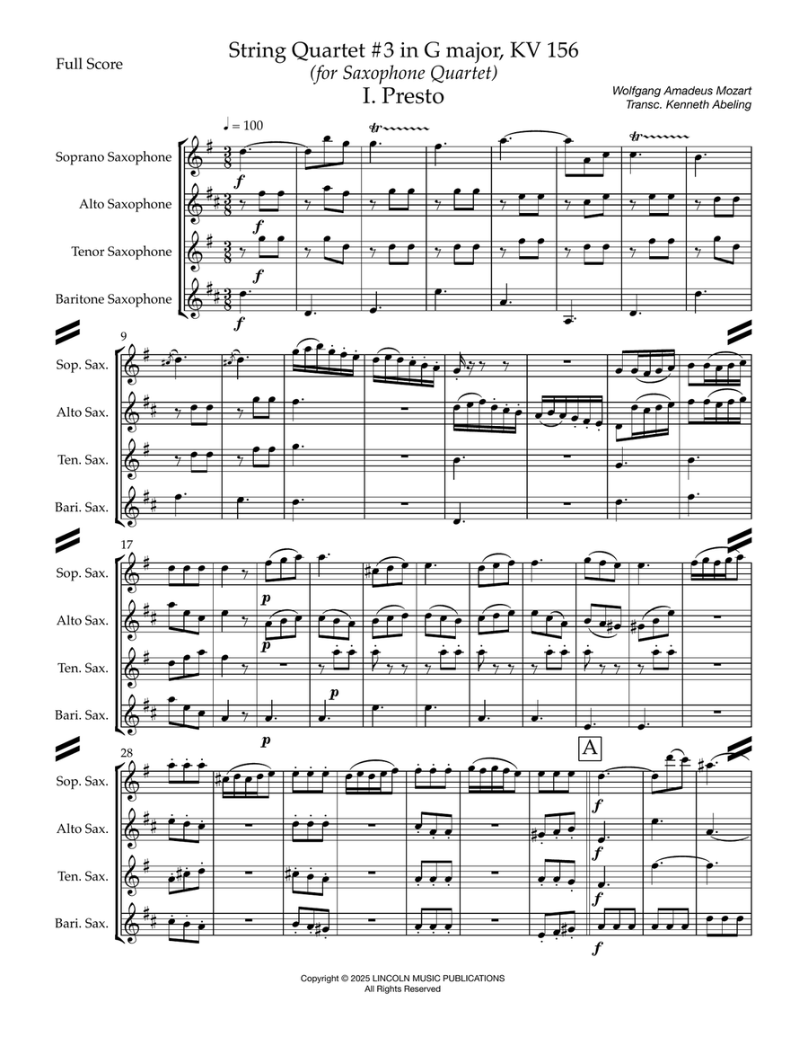 Mozart String Quartet No. 3 in G major, KV 156 (for Saxophone Quartet SATB) Woodwind Ensemble scores gallery preview page 2