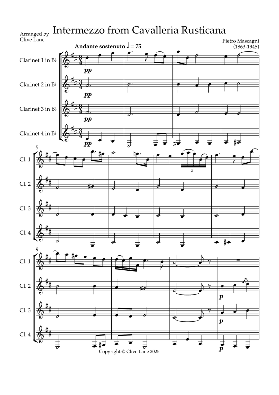 Intermezzo (from Cavalleria Rusticana) for clarinet quartet Clarinet Quartet scores gallery preview page 3