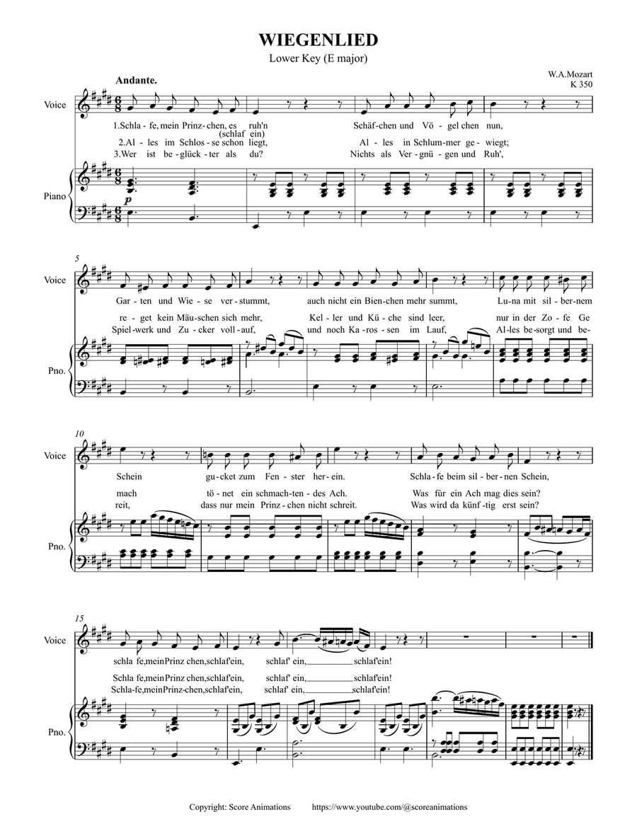 MOZART: “Wiegenlied” (Schlafe, mein Prinzchen, schlaf ein) K.350 Lower key (E major) Piano, Vocal scores gallery preview page 1