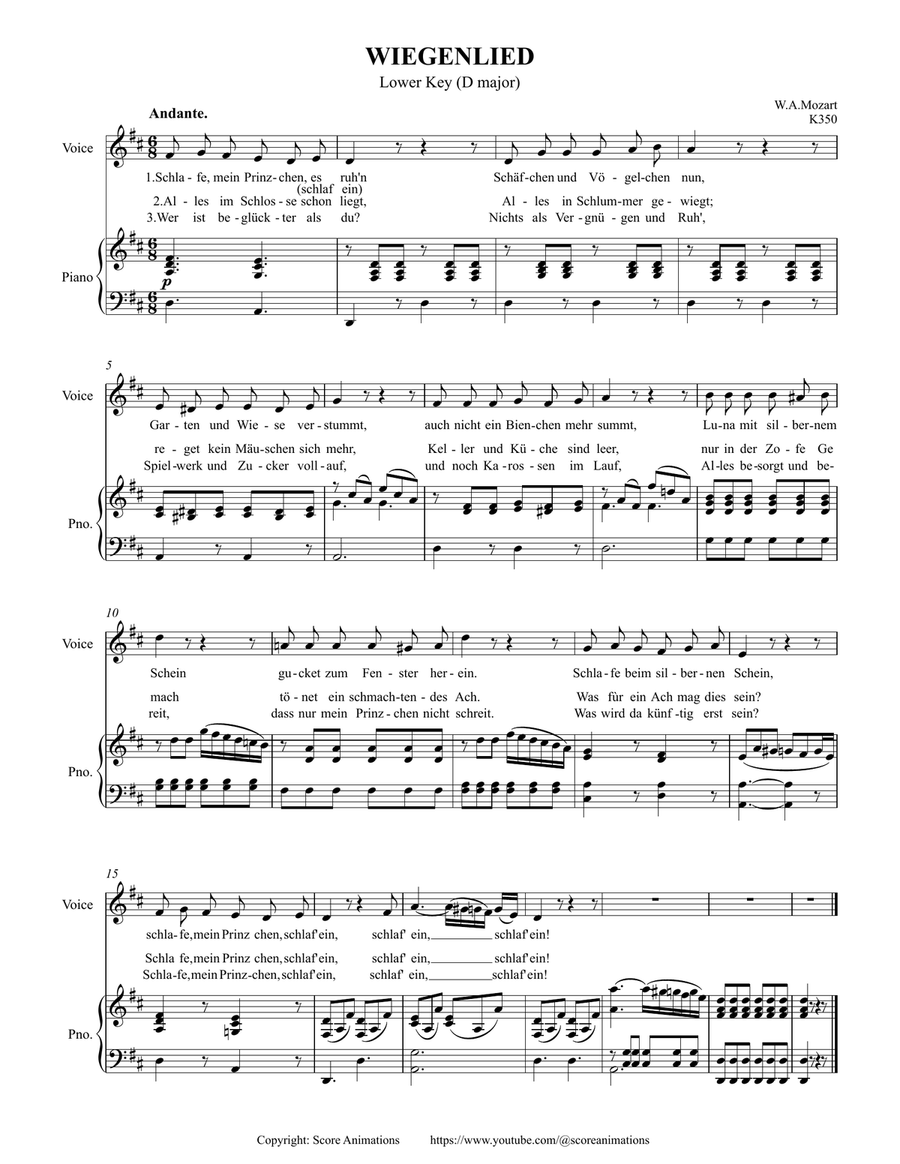 MOZART: “Wiegenlied” (Schlafe, mein Prinzchen, schlaf ein) K.350 Lower key (D major) Piano, Vocal scores gallery preview page 1