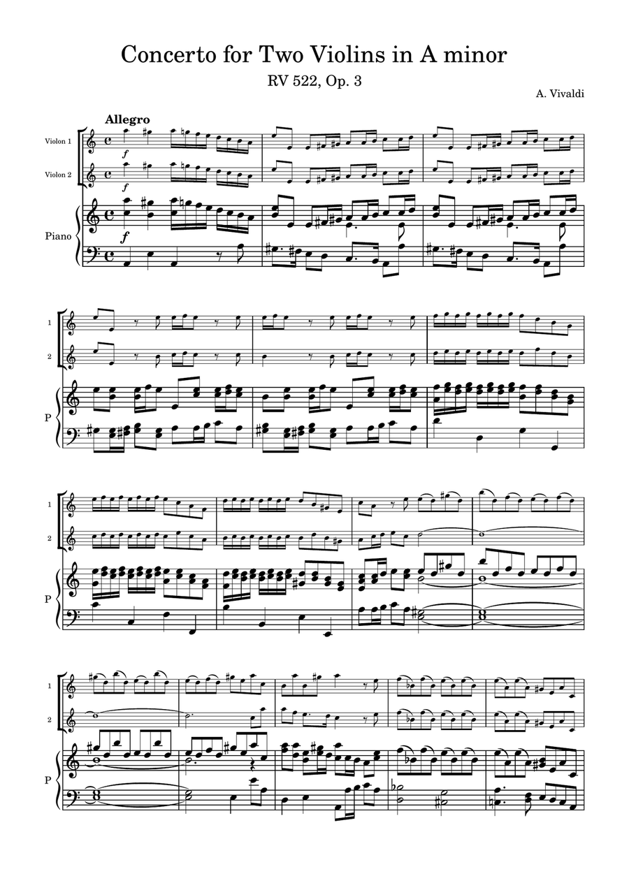 Concerto for Two Violins in A minor - RV 522, Op.3 - Vivaldi String Duet scores gallery preview page 1