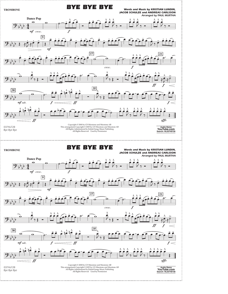 Bye Bye Bye (arr. Paul Murtha) - Trombone Marching Band scores gallery preview page 1