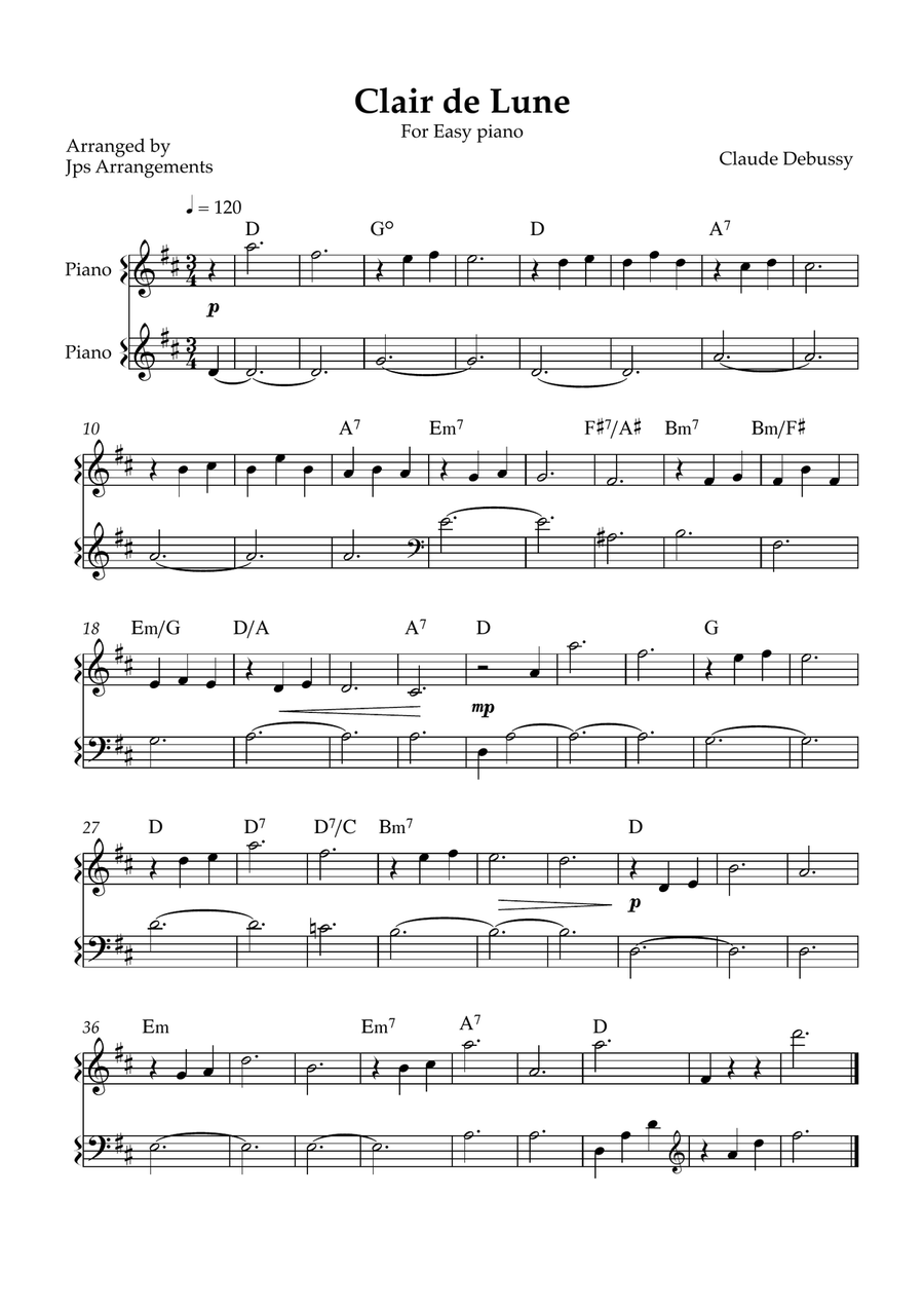 Clair de Lune for easy piano in D Easy Piano scores gallery preview page 1
