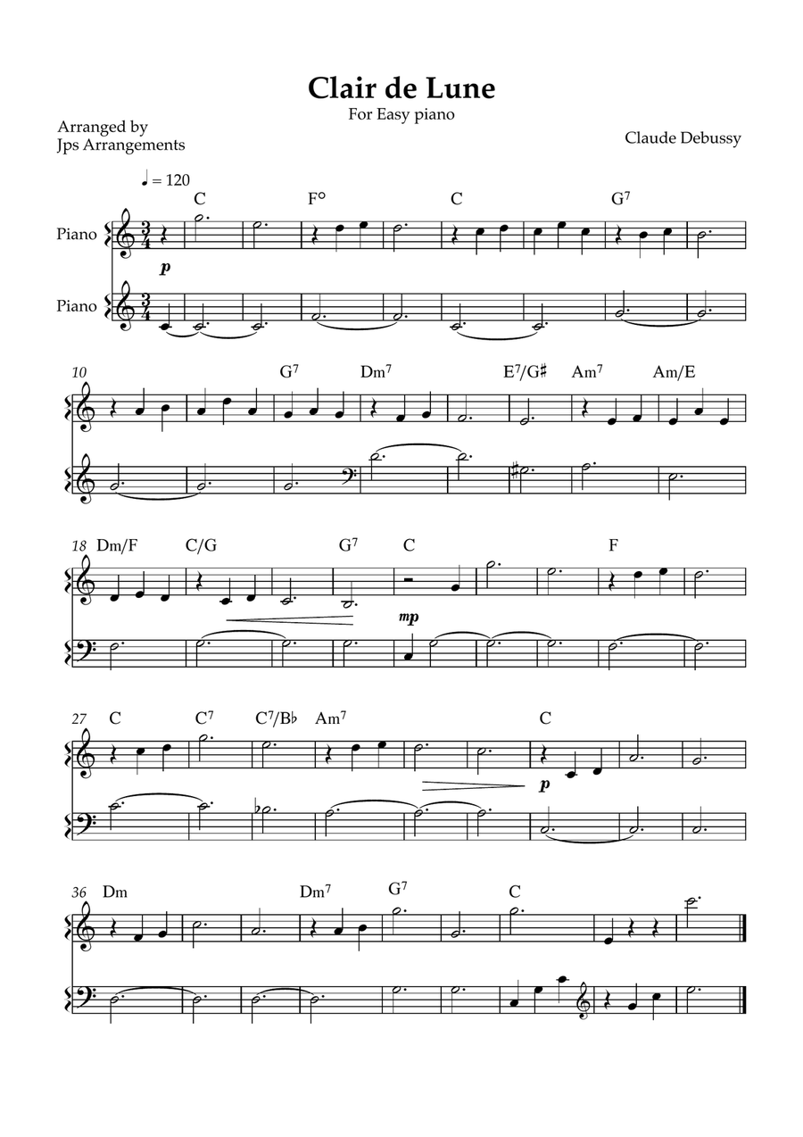 Clair de Lune for easy piano in C Easy Piano scores gallery preview page 1
