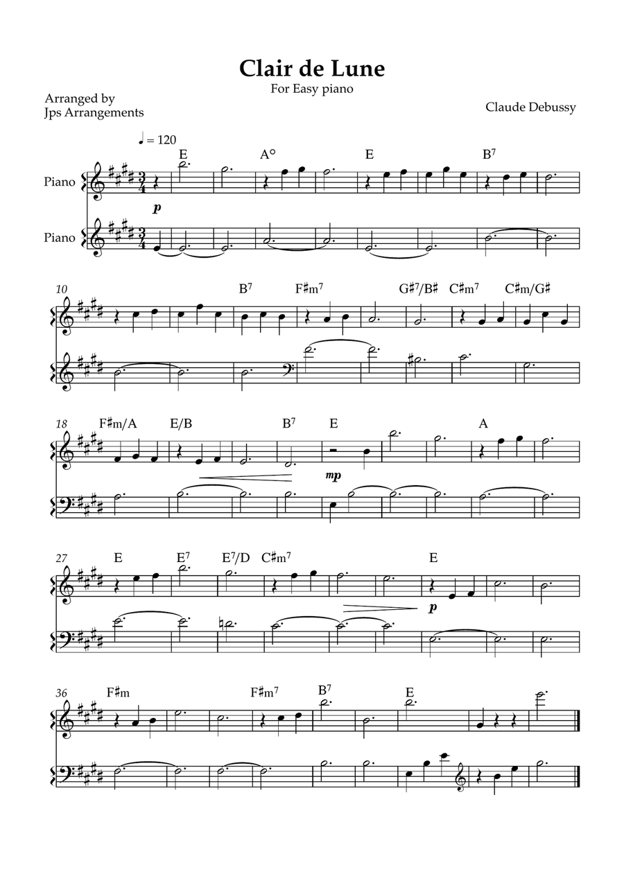 Clair de Lune for easy piano in E Easy Piano scores gallery preview page 1