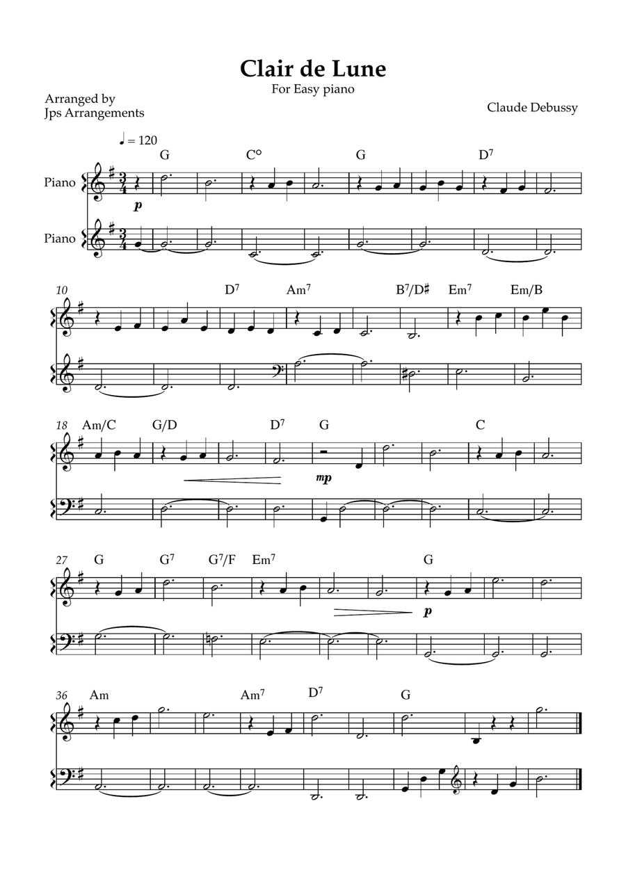 Clair de Lune for easy piano in G Easy Piano scores gallery preview page 1