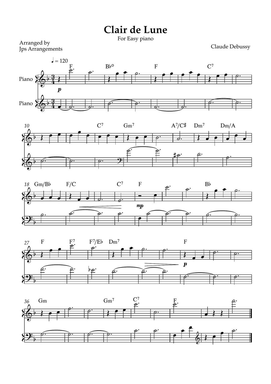 Clair de Lune for easy piano in F Easy Piano scores gallery preview page 1