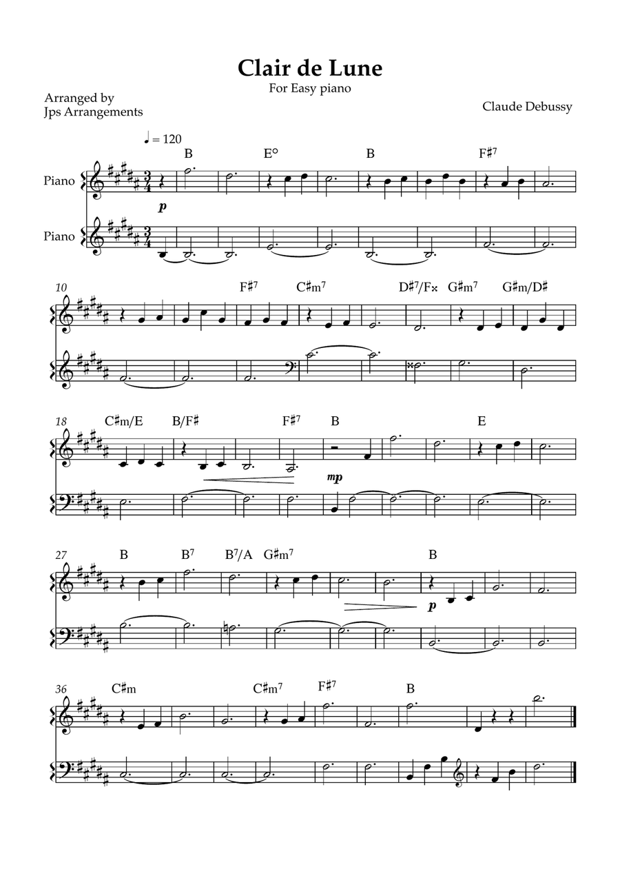 Clair de Lune for easy piano in B Easy Piano scores gallery preview page 1