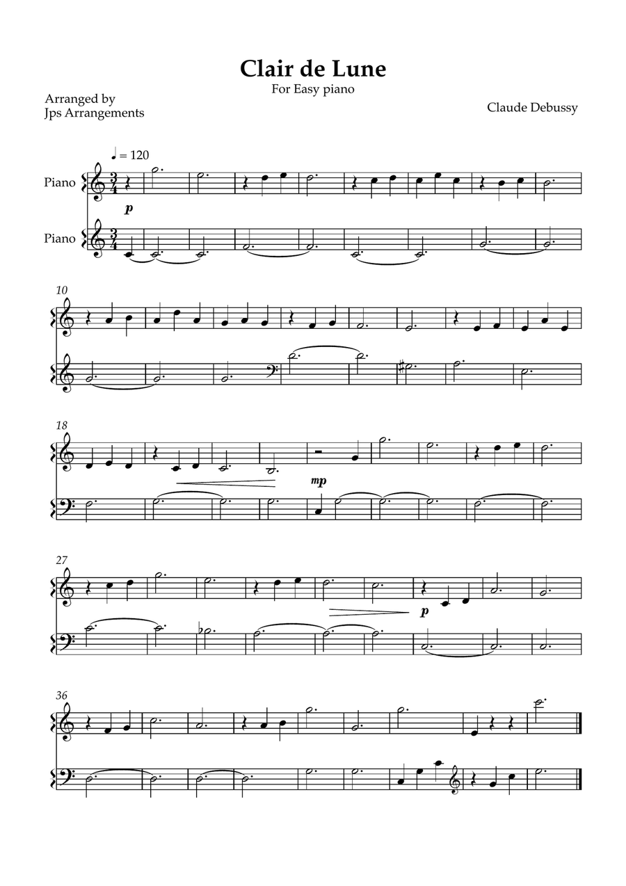 Clair de Lune for easy piano in C Easy Piano scores gallery preview page 1