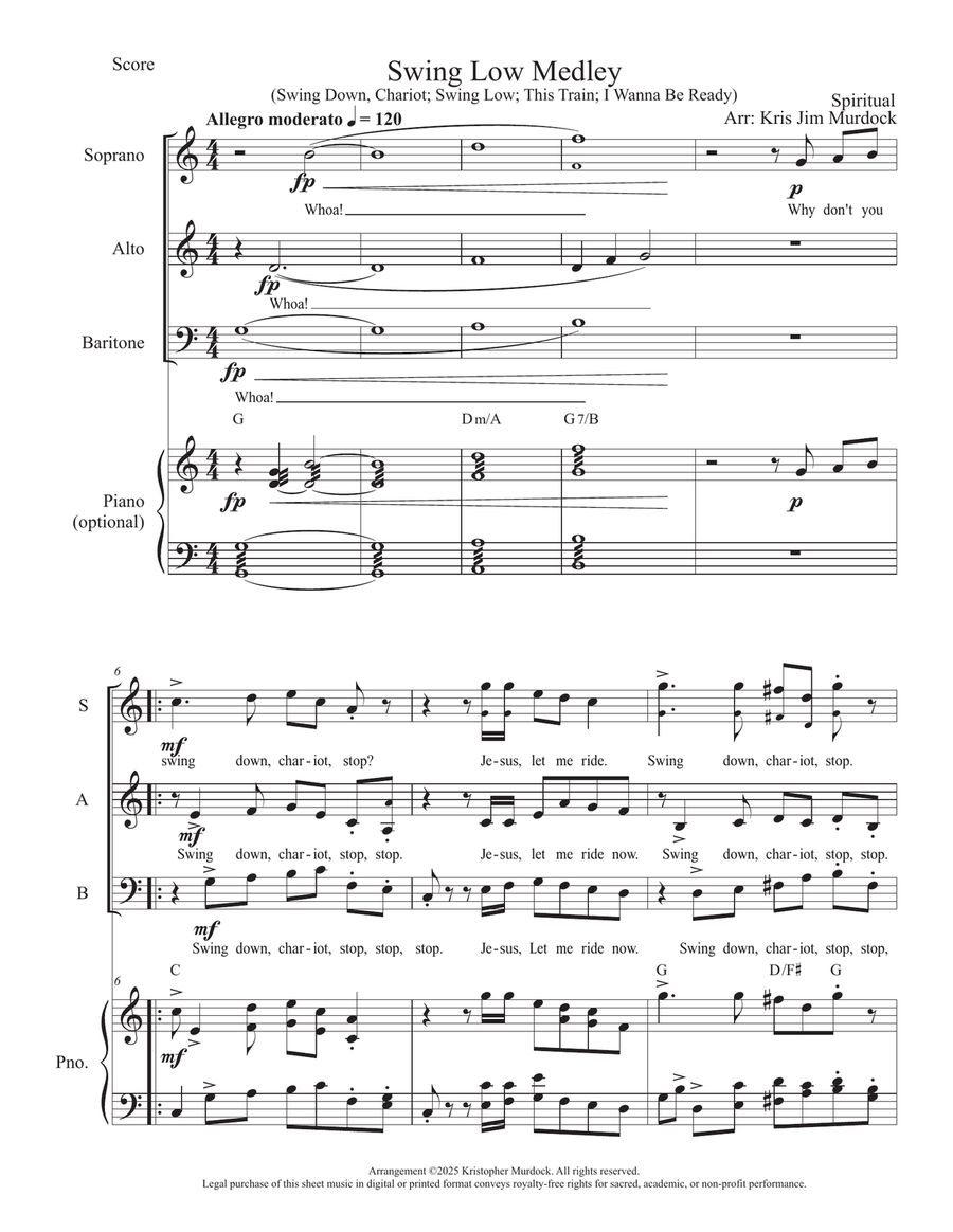 Swing Low Medley (Swing Down, Chariot; Swing Low; This Train; & I Wanna Be Ready) 3-Part scores gallery preview page 1