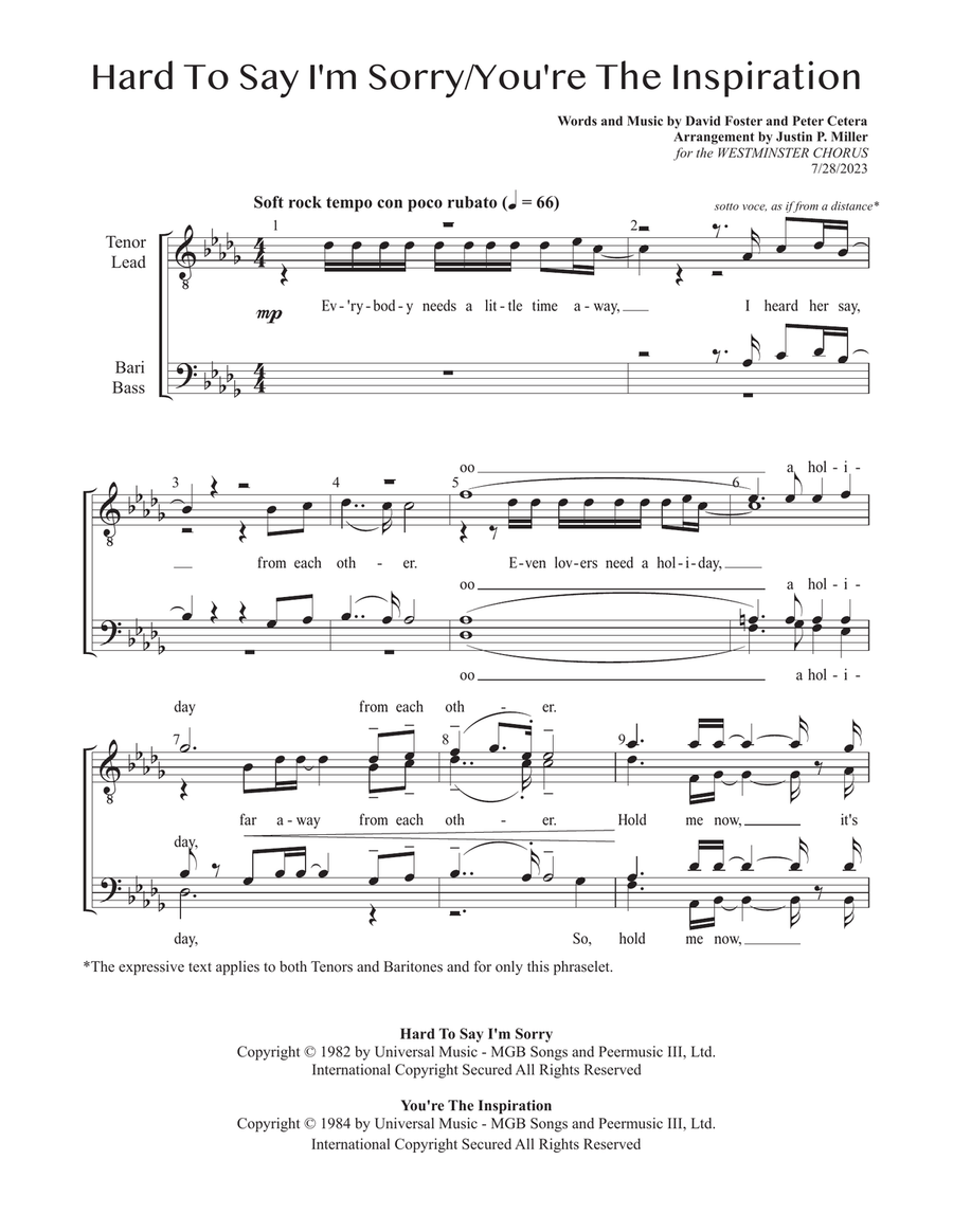 Medley: Hard To Say I'm Sorry with You're The Inspiration TTBB scores gallery preview page 1