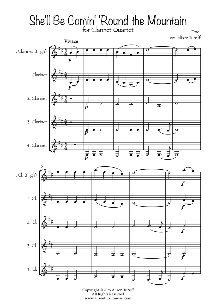 She'll Be Coming 'Round the Mountain for 4 clarinets (with optional chalumeau solo) Clarinet Quartet scores gallery preview page 2