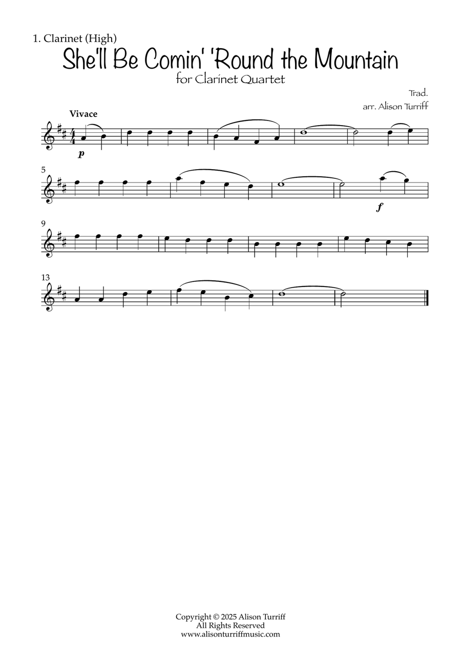 She'll Be Coming 'Round the Mountain for 4 clarinets (with optional chalumeau solo) Clarinet Quartet scores gallery preview page 4
