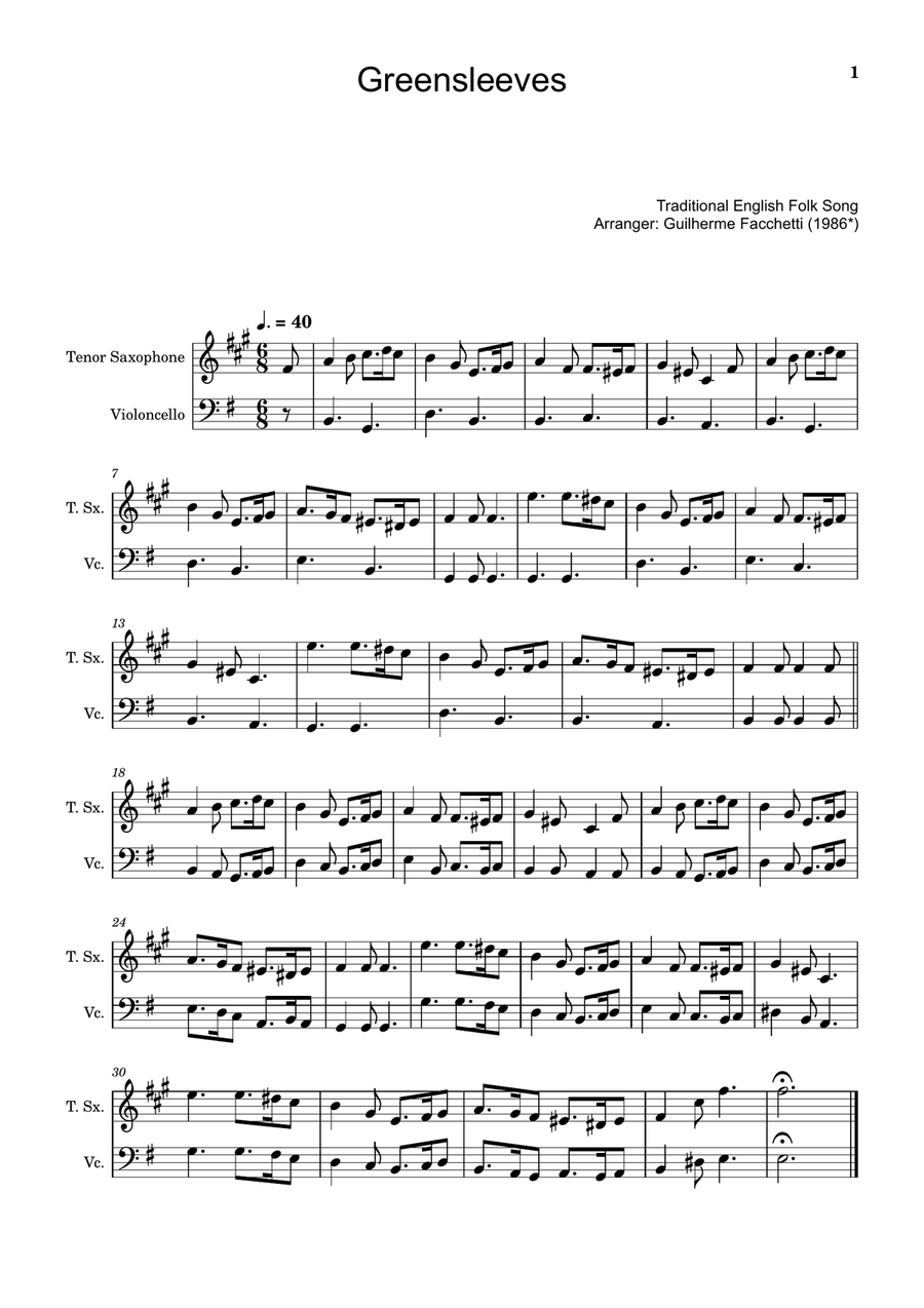 Greensleeves - Traditional English for T. Sax. and Cello. Chamber Music scores gallery preview page 1