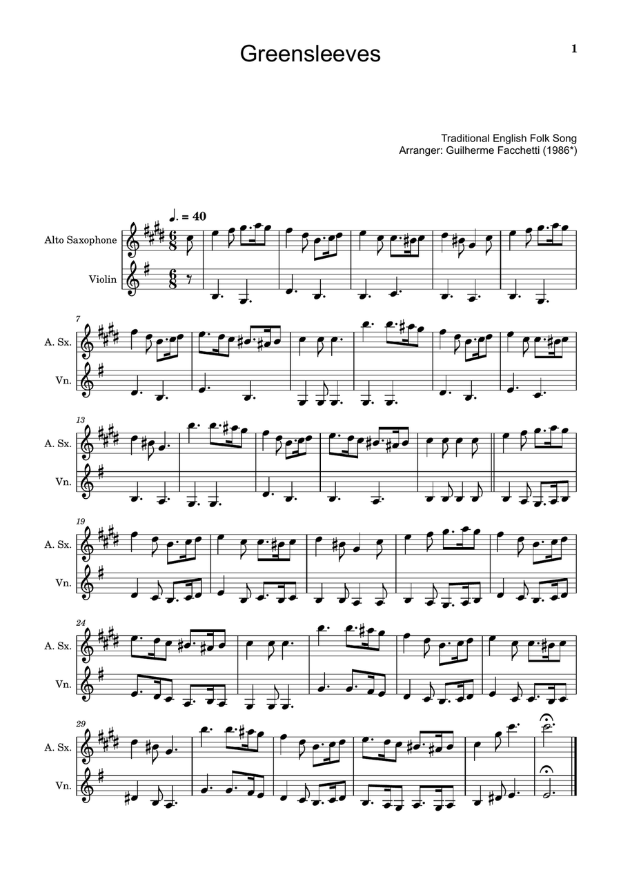 Greensleeves - Traditional English for A. Sax. and Violin. Chamber Music scores gallery preview page 1