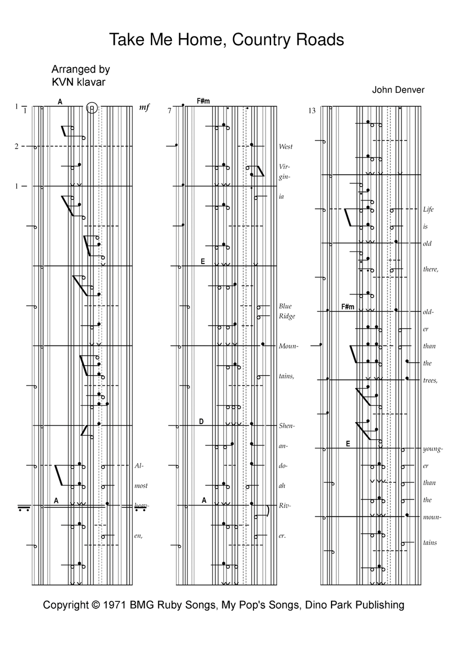 Take Me Home, Country Roads Piano, Vocal scores gallery preview page 1