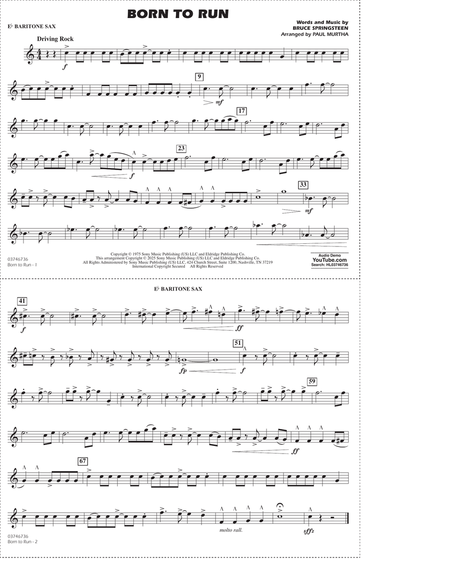 Born To Run (arr. Paul Murtha) - Eb Baritone Sax Marching Band scores gallery preview page 1