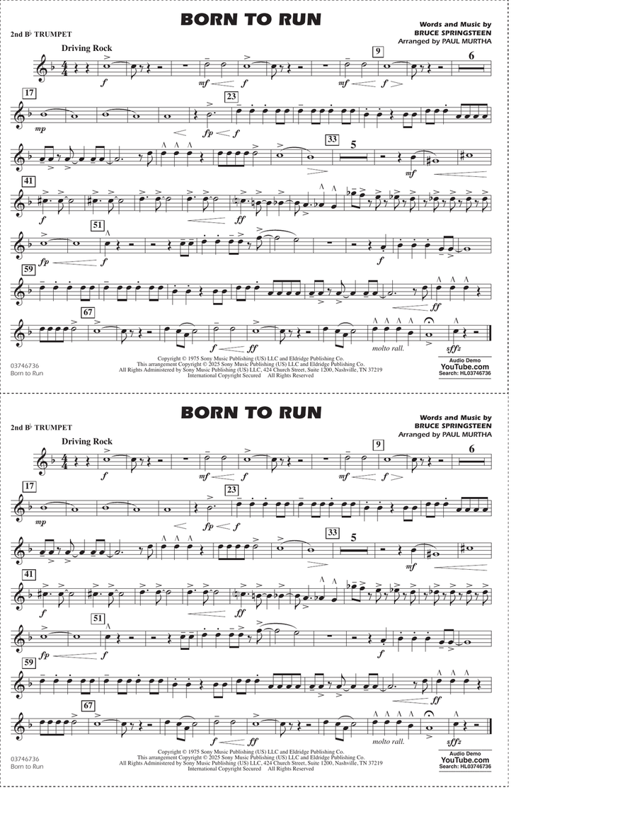 Born To Run (arr. Paul Murtha) - 2nd Bb Trumpet Marching Band scores gallery preview page 1