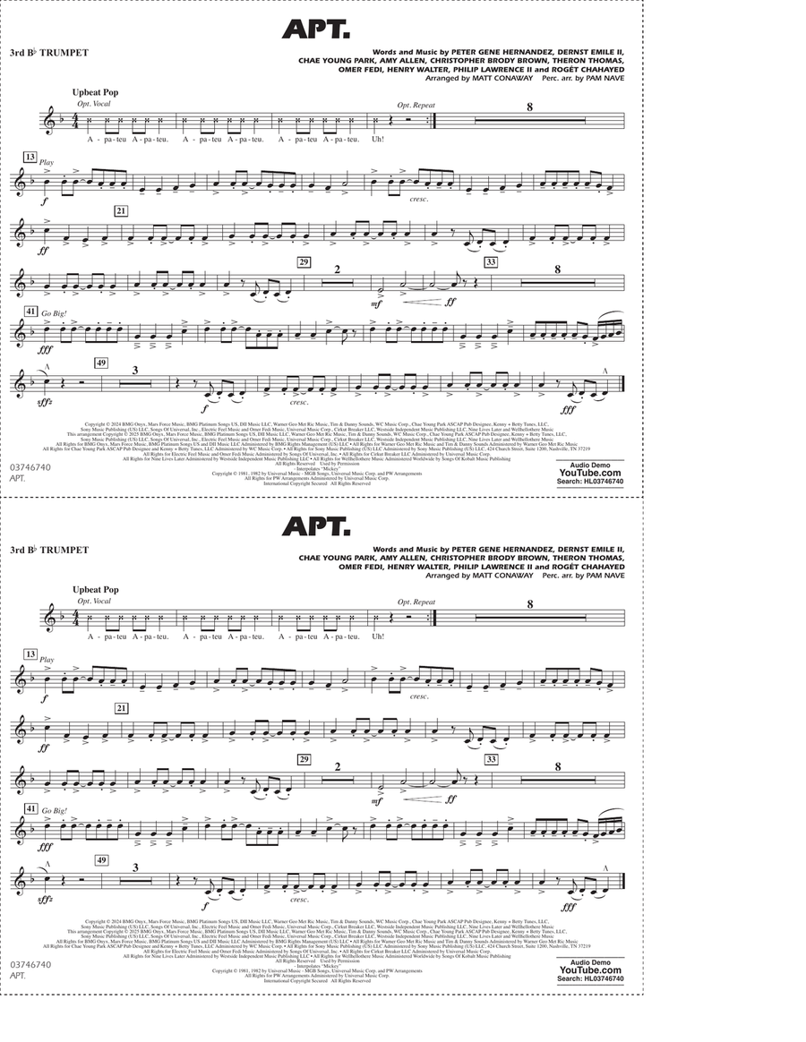 APT. (arr. Matt Conaway) - 3rd Bb Trumpet Marching Band scores gallery preview page 1
