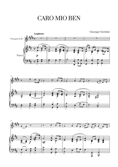 Giuseppe Giordani - Caro Mio Ben (D major) for Trumpet in Bb and Piano