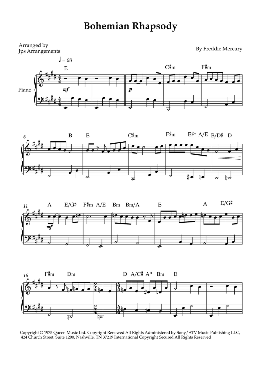 Bohemian Rhapsody Easy Piano scores gallery preview page 1