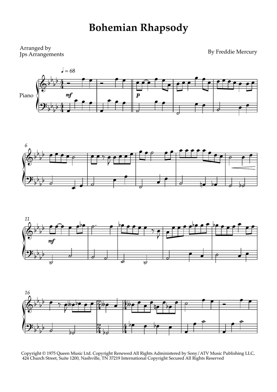 Bohemian Rhapsody Easy Piano scores gallery preview page 1